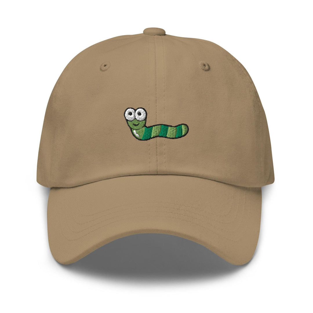 a tan hat with a green worm embroidered on it