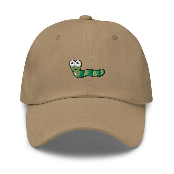 a tan hat with a green worm embroidered on it