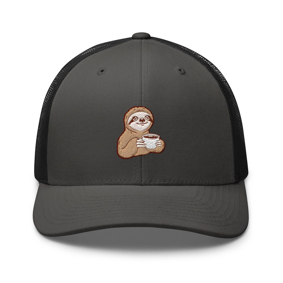 a gray and black hat with a sloth holding a cup of coffee
