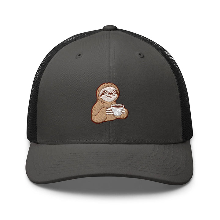 a gray and black hat with a sloth holding a cup of coffee