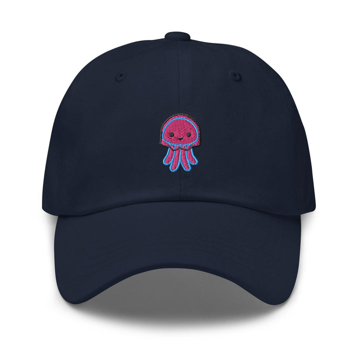 a blue hat with a pink jellyfish embroidered on it