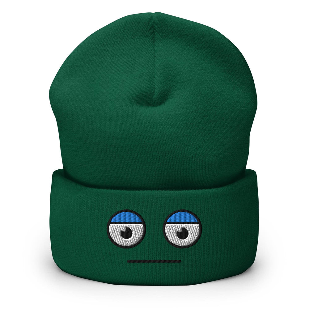 a green beanie with eyes drawn on it