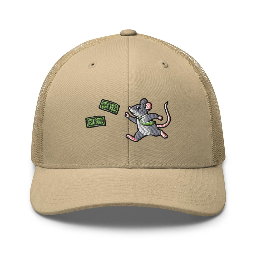 a tan trucker hat with a cartoon mouse on it