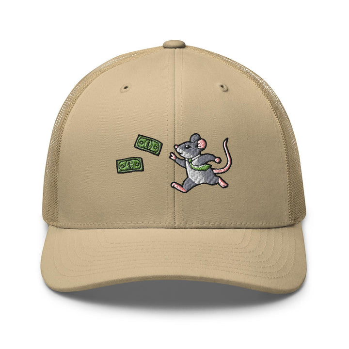 a tan trucker hat with a cartoon mouse on it