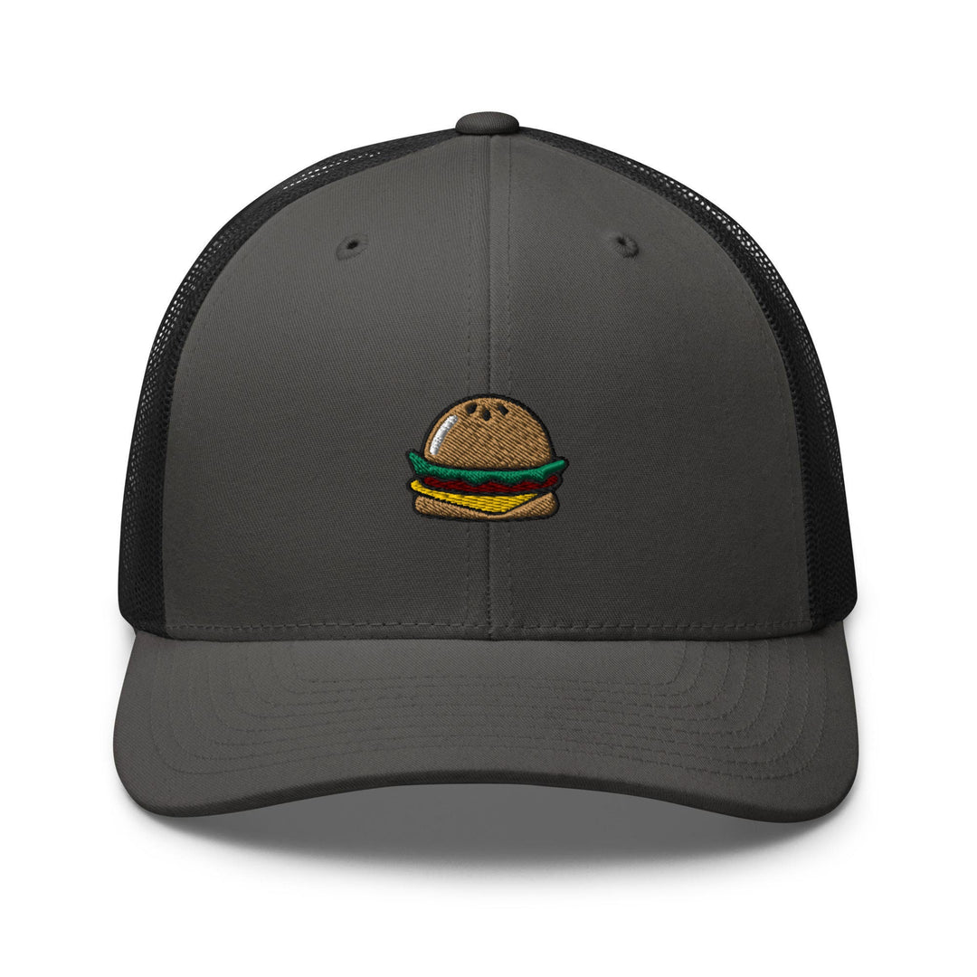 a gray and black hat with a hamburger embroidered on it