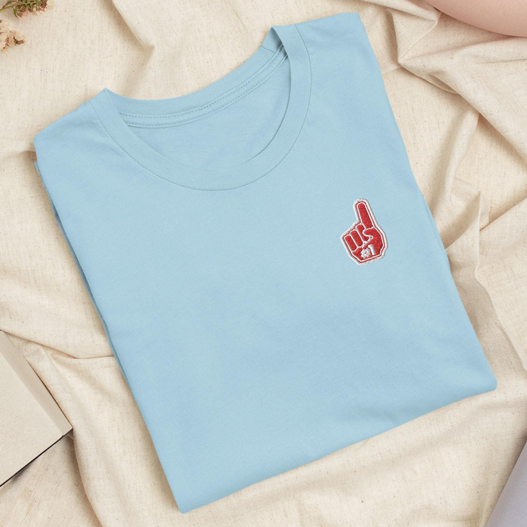 a blue shirt with a red peace sign on it