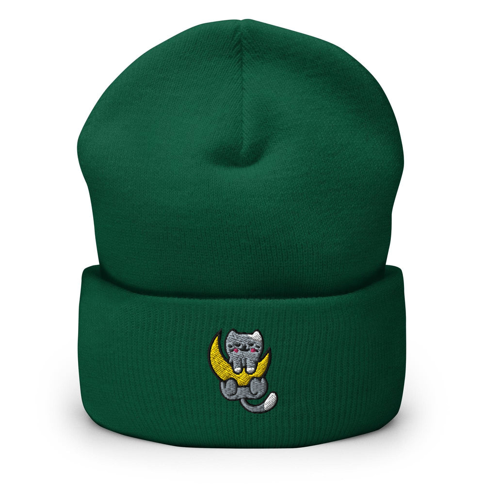 a green beanie with a cat on it