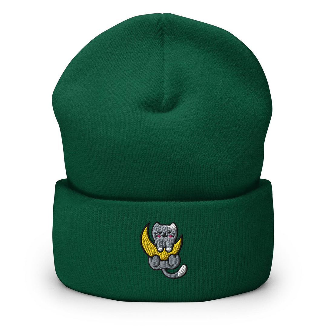 a green beanie with a cat on it