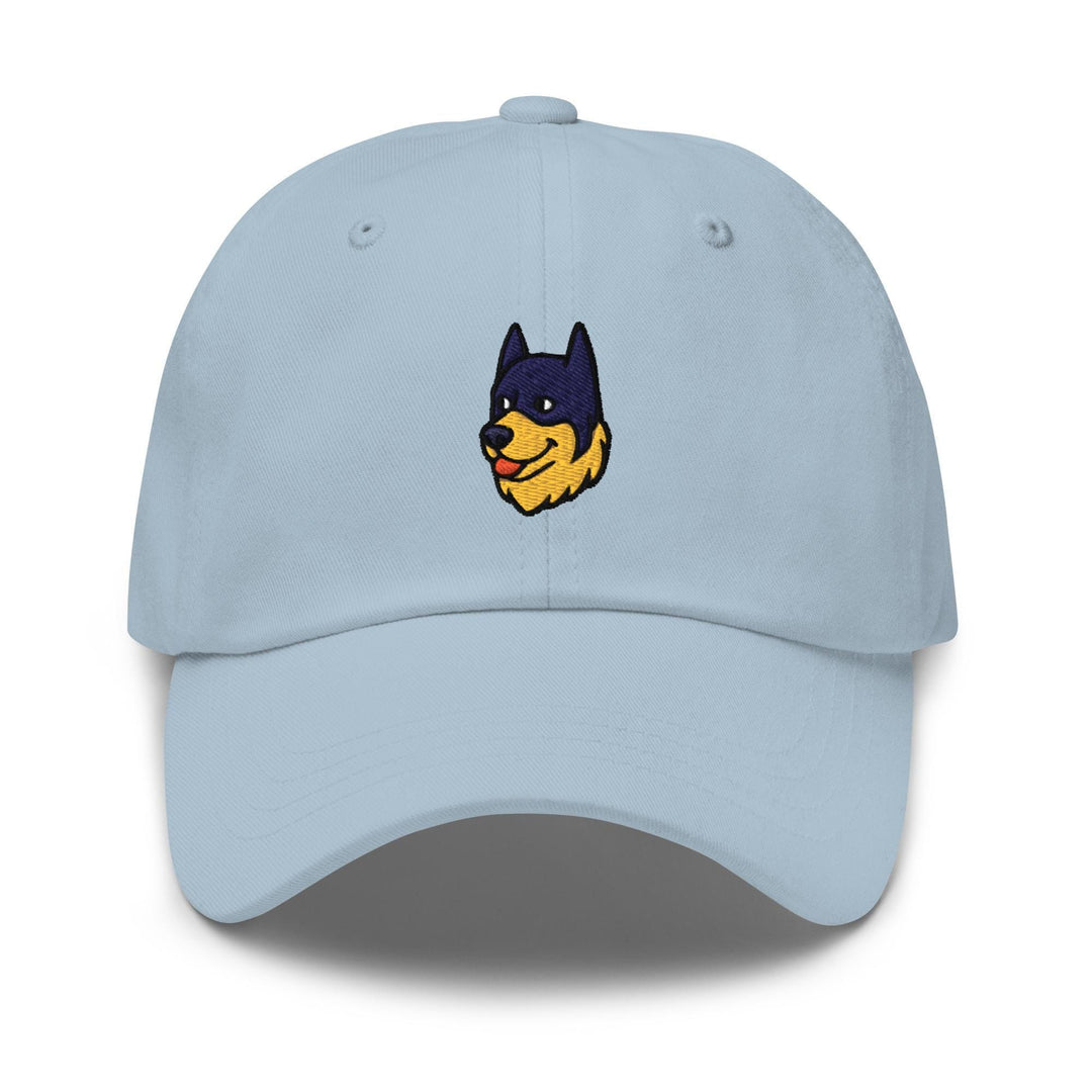 a light blue hat with a cartoon dog on it