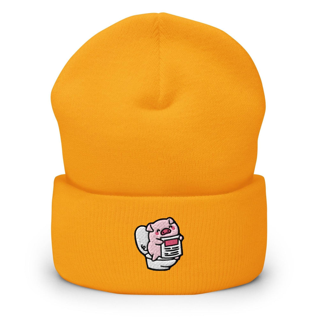 a yellow beanie with a cartoon character on it