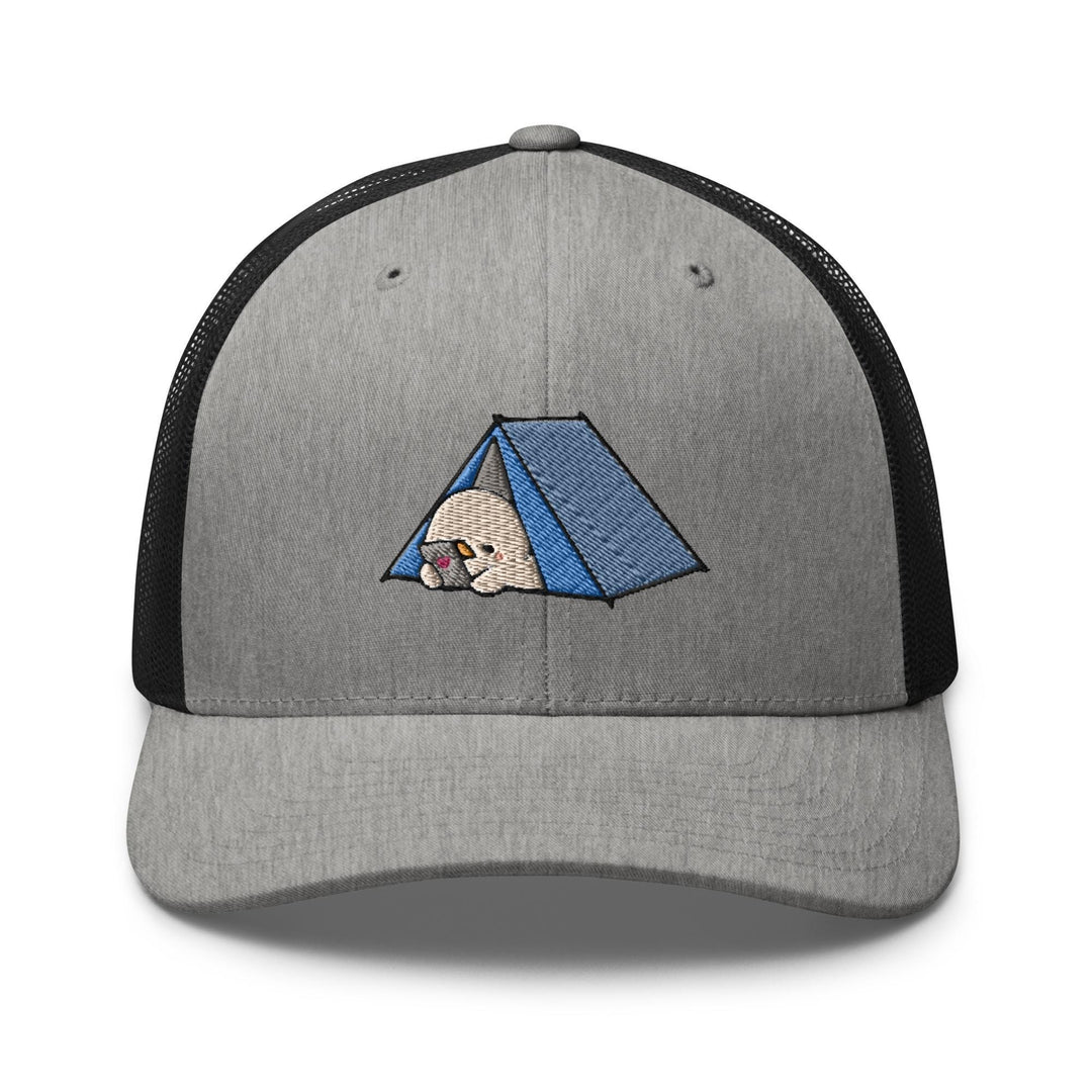 a gray and black hat with a picture of a tent