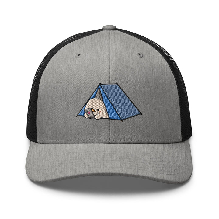 a gray and black hat with a picture of a tent