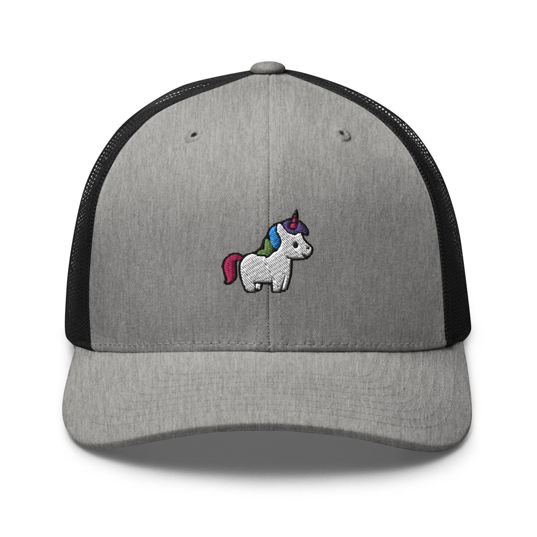 a gray and black hat with a unicorn embroidered on the front