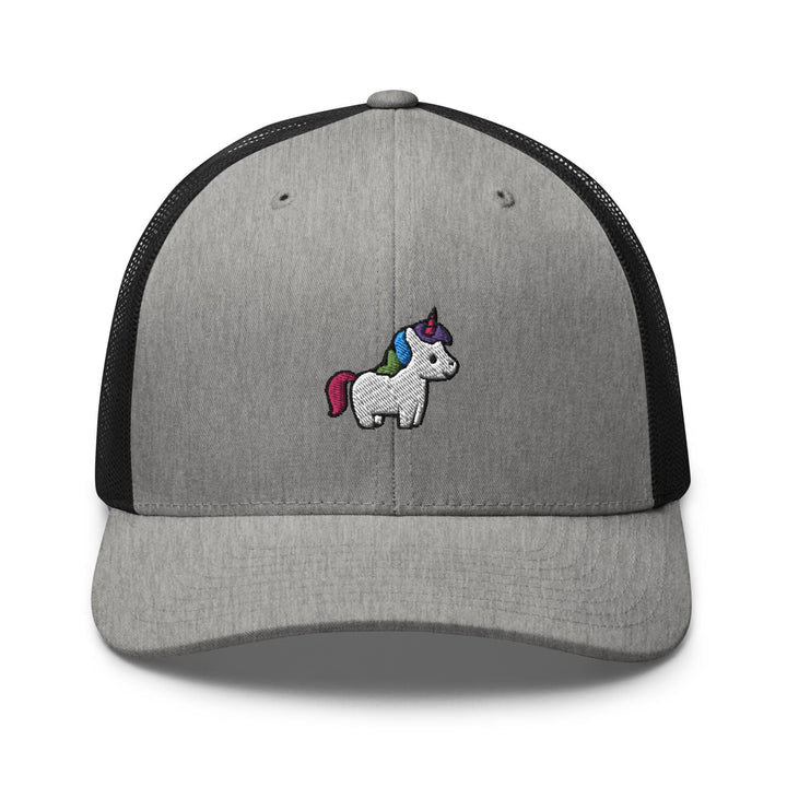 a gray and black hat with a unicorn embroidered on the front