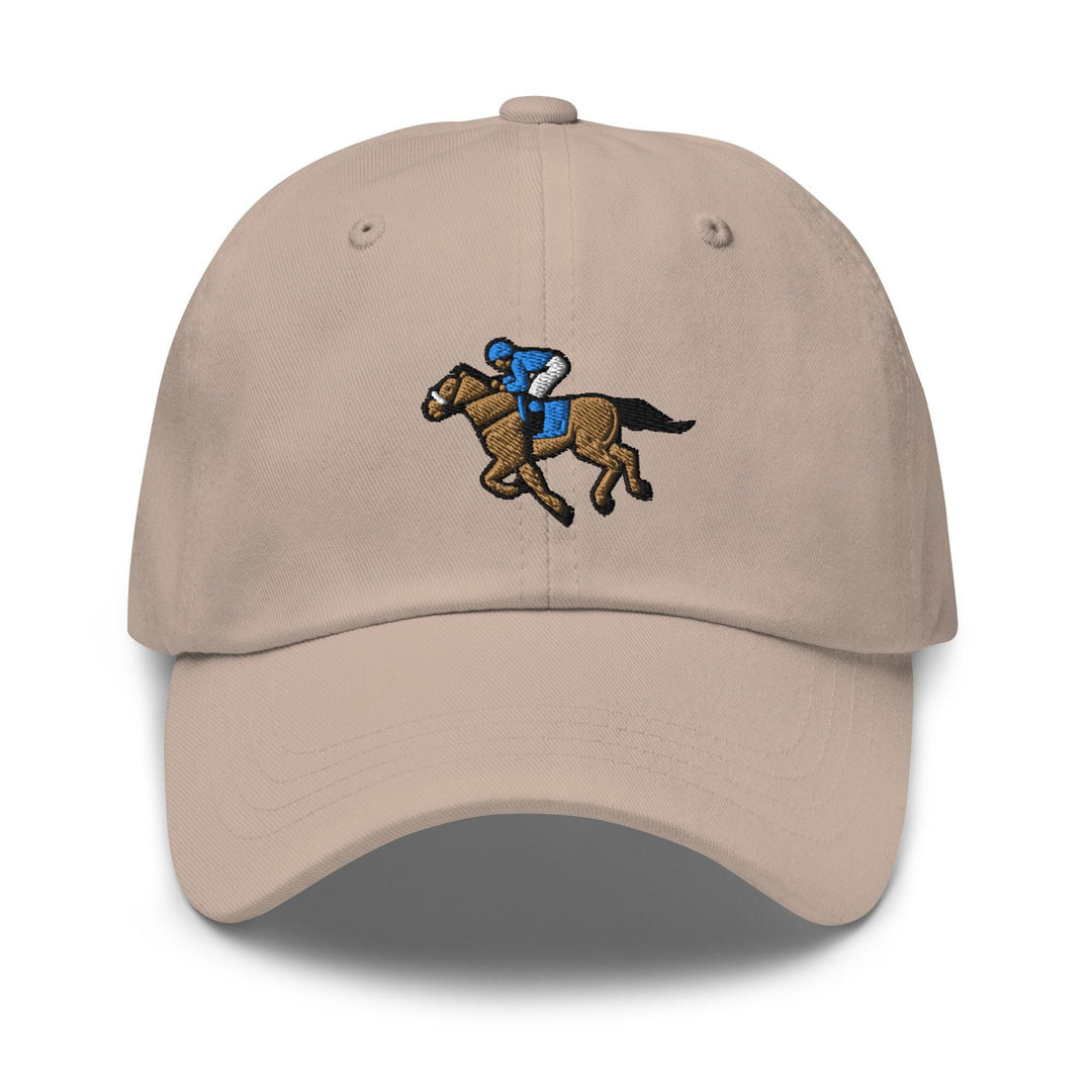a baseball cap with a horse and jockey on it