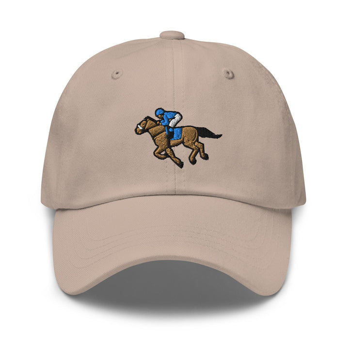a baseball cap with a horse and jockey on it