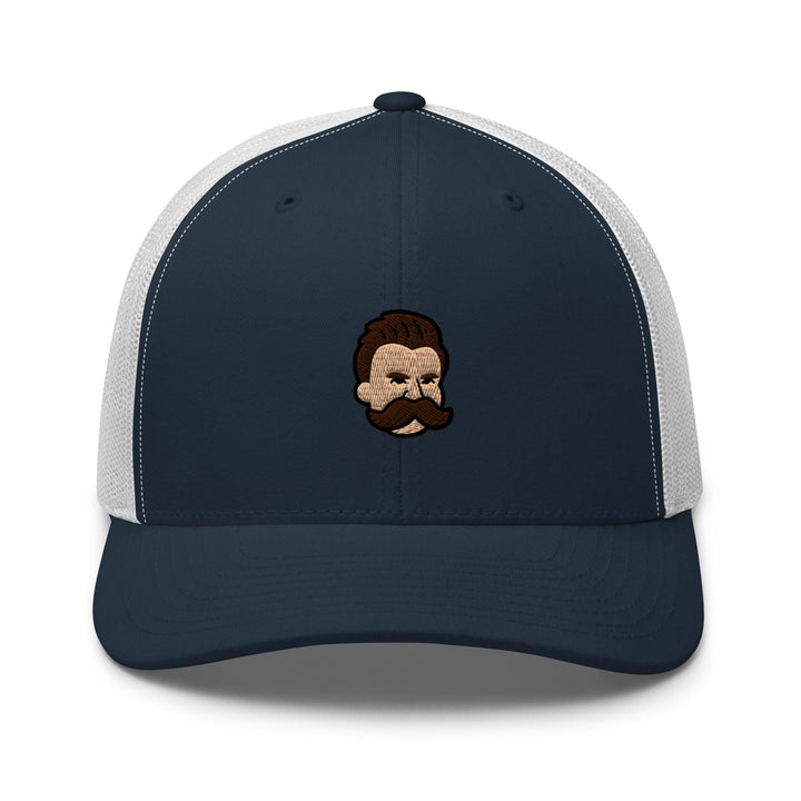 a blue and white trucker hat with a picture of a man with a beard