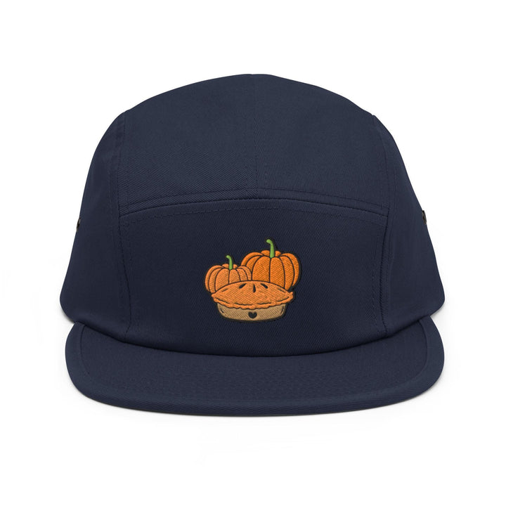 a blue hat with a picture of pumpkins on it
