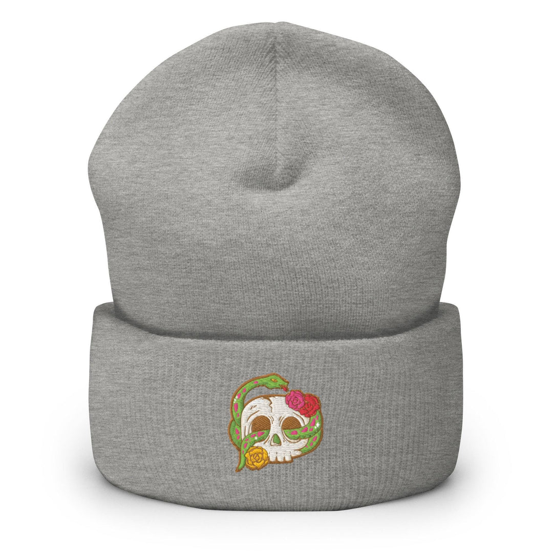 a gray beanie with a colorful skull on it