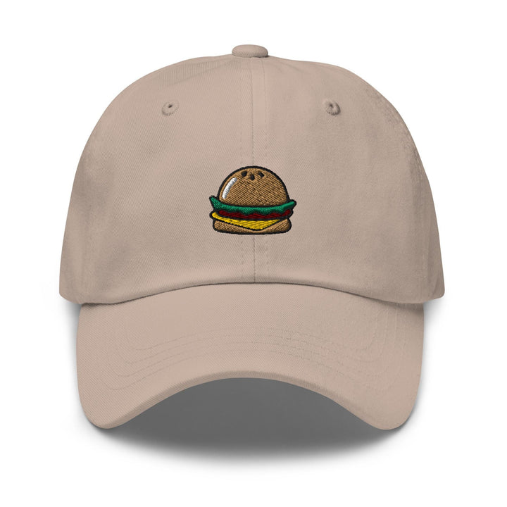a tan hat with a hamburger embroidered on it