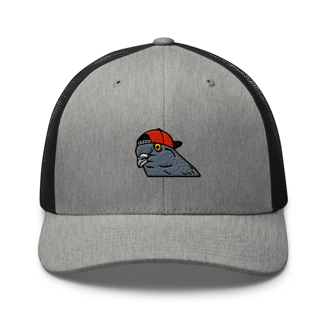 a gray and black hat with a bird on it