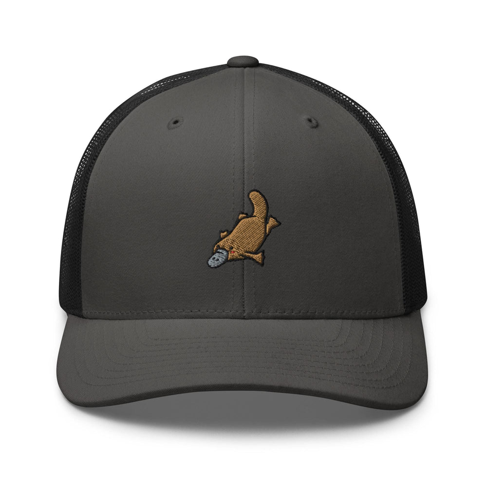 a gray and black trucker hat with a brown dog on it