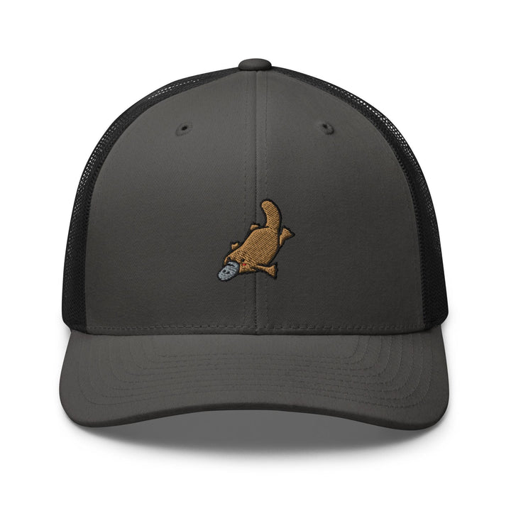 a gray and black trucker hat with a brown dog on it