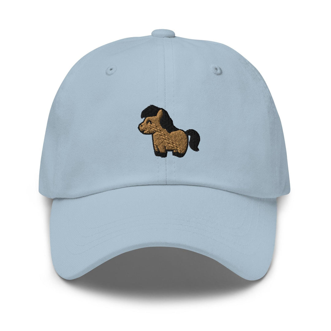 a light blue hat with a dog embroidered on it