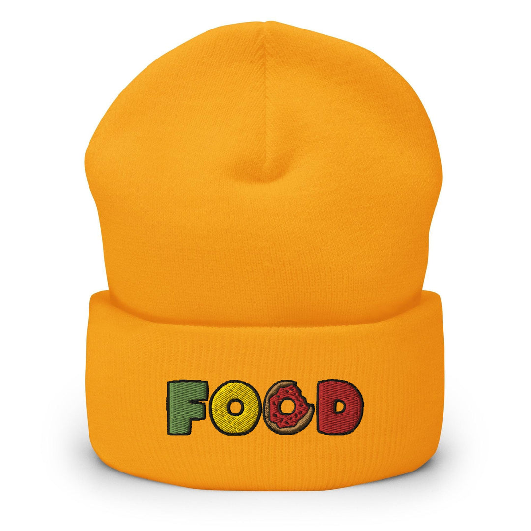 a yellow beanie with the word food on it