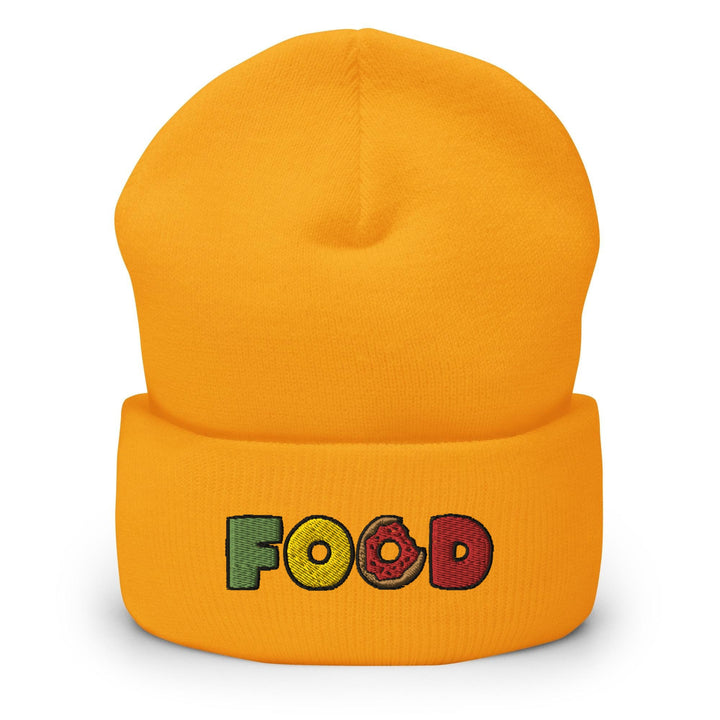 a yellow beanie with the word food on it