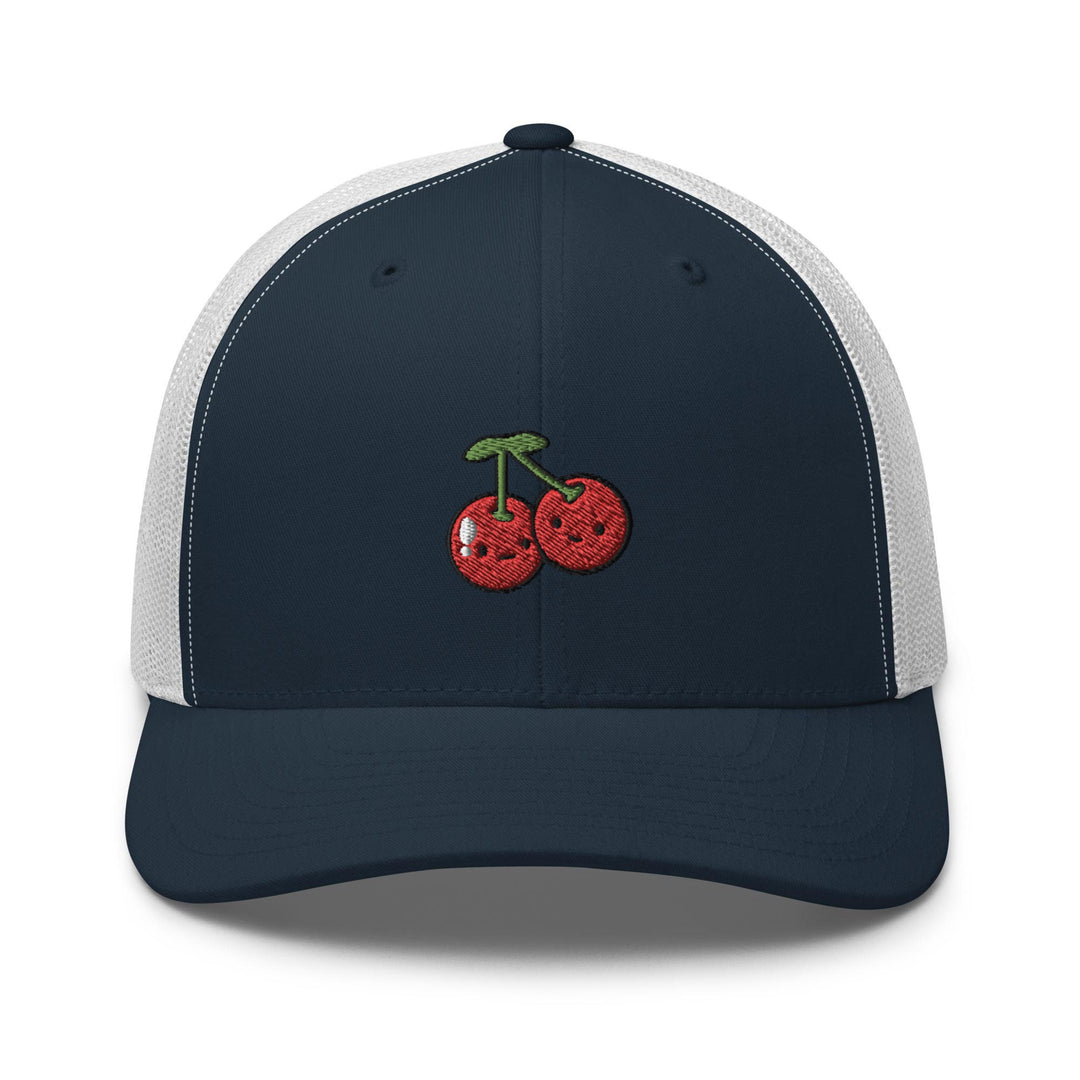 a trucker hat with a cherry embroidered on the front
