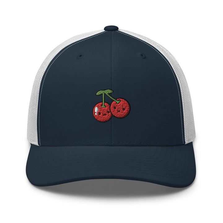 a trucker hat with a cherry embroidered on the front