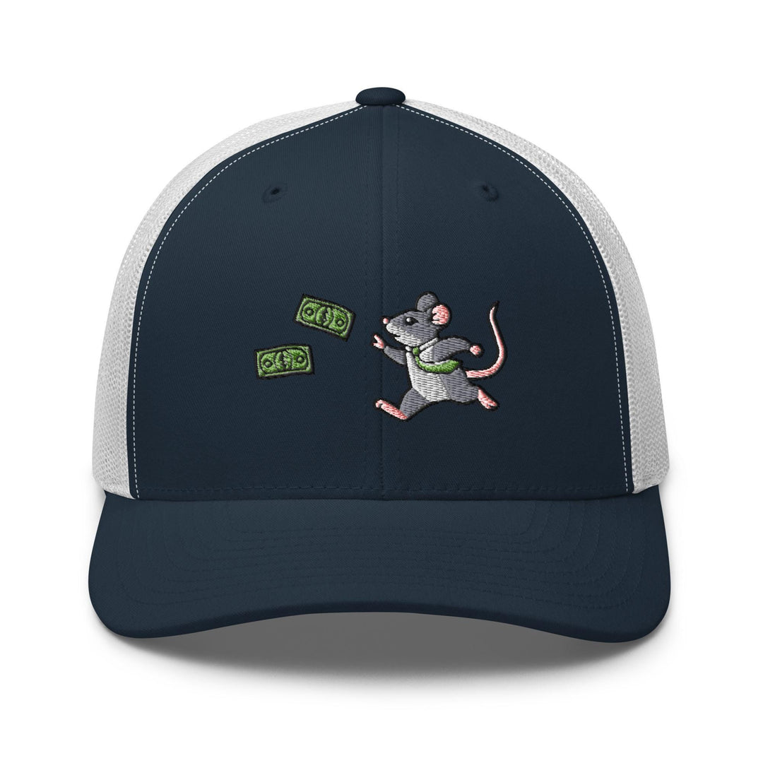 a blue and white trucker hat with a cartoon mouse on it