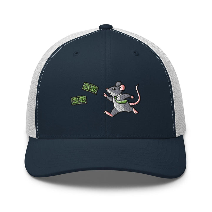 a blue and white trucker hat with a cartoon mouse on it