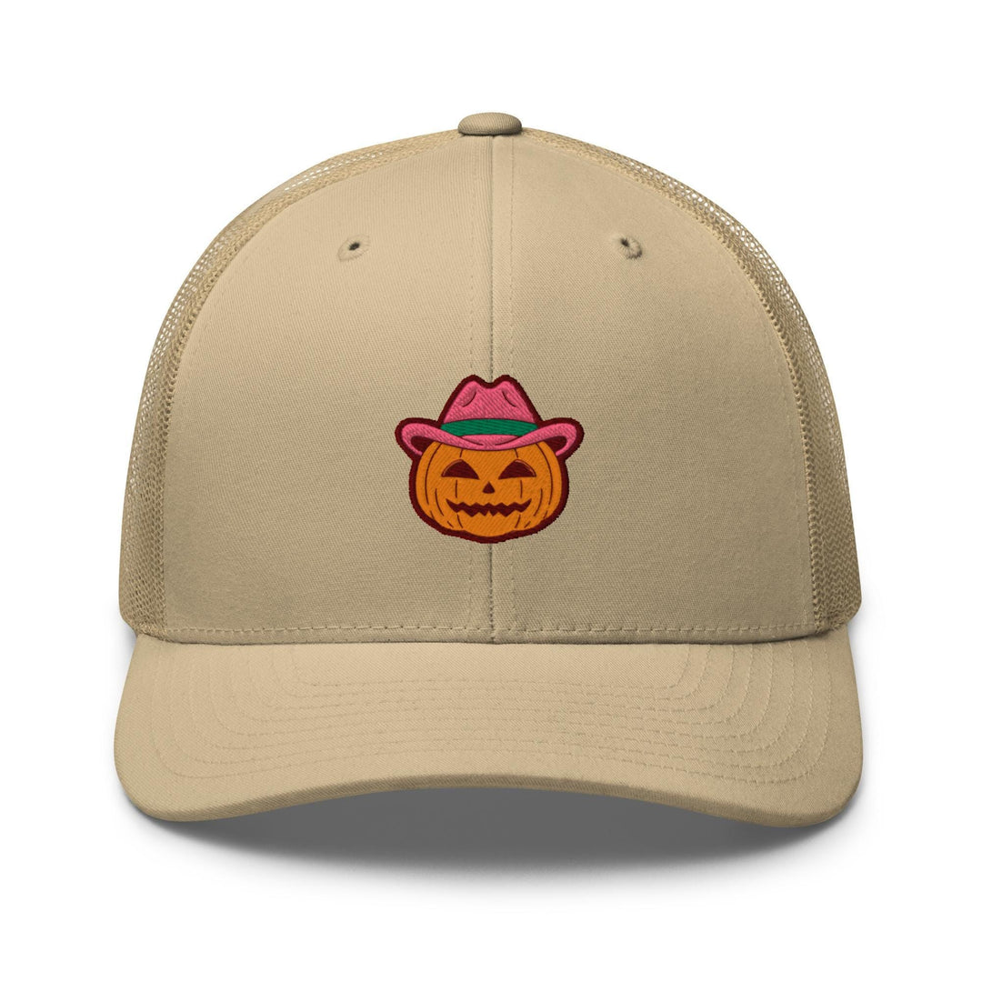 a tan trucker hat with a pumpkin wearing a hat