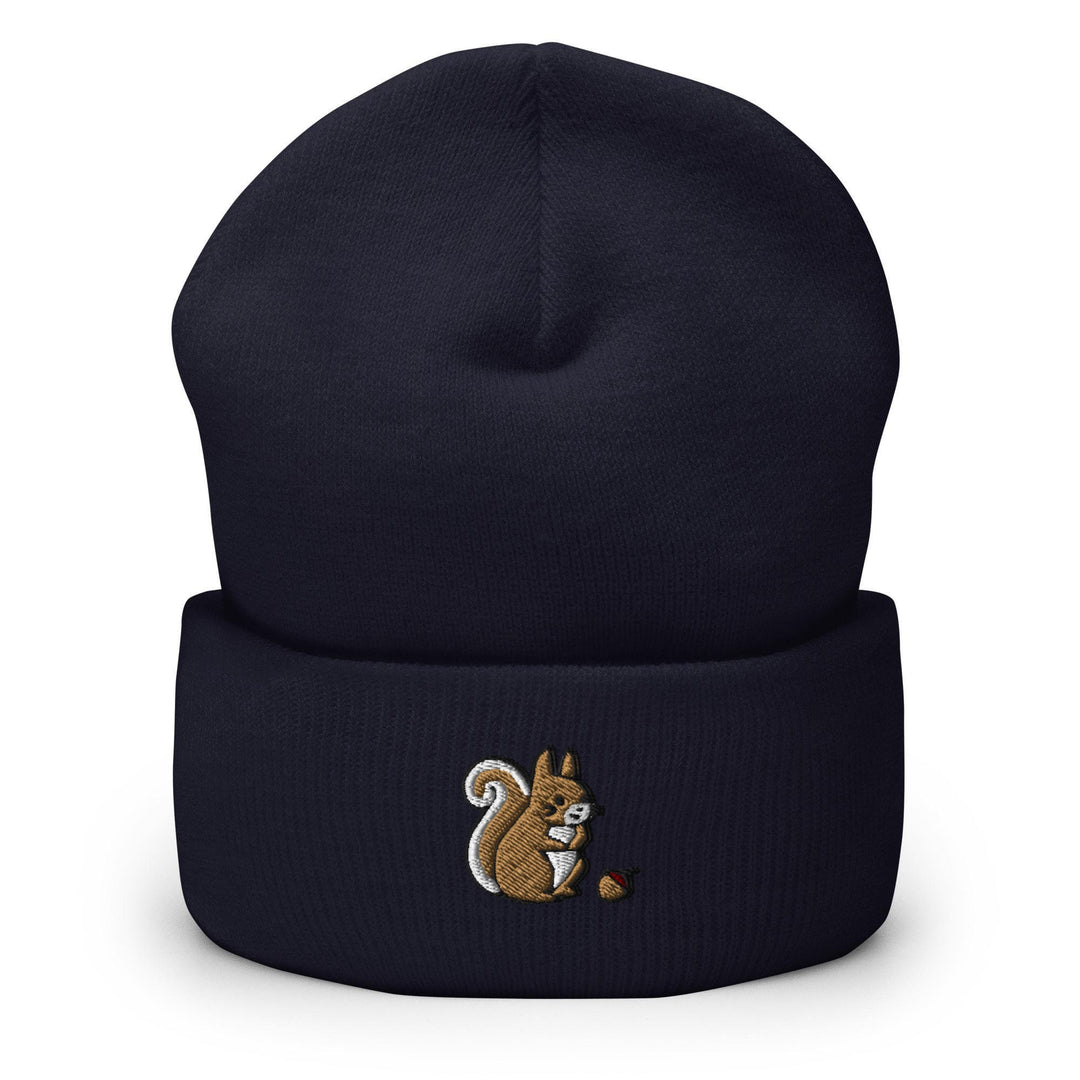 a blue beanie with a squirrel on it