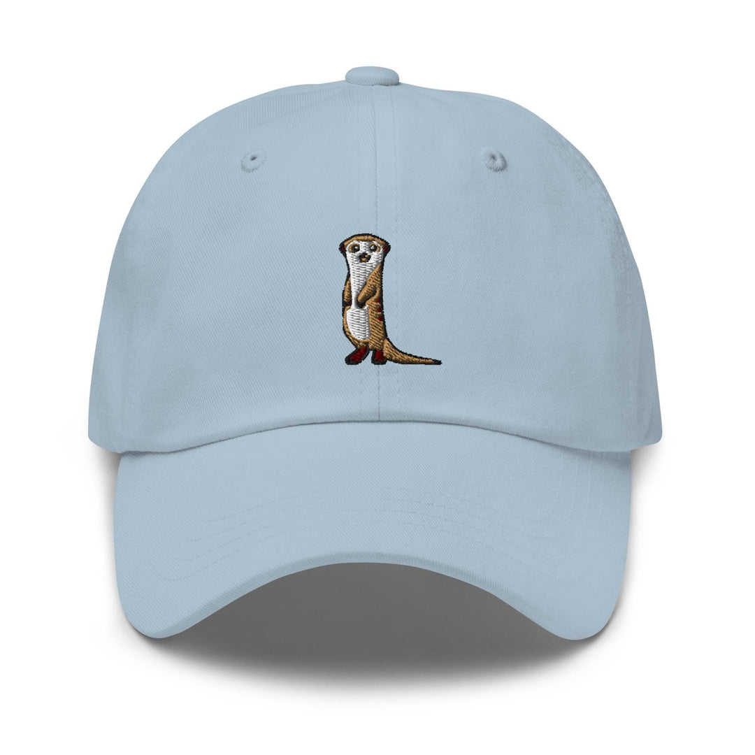 a light blue hat with an image of a meerkat on it
