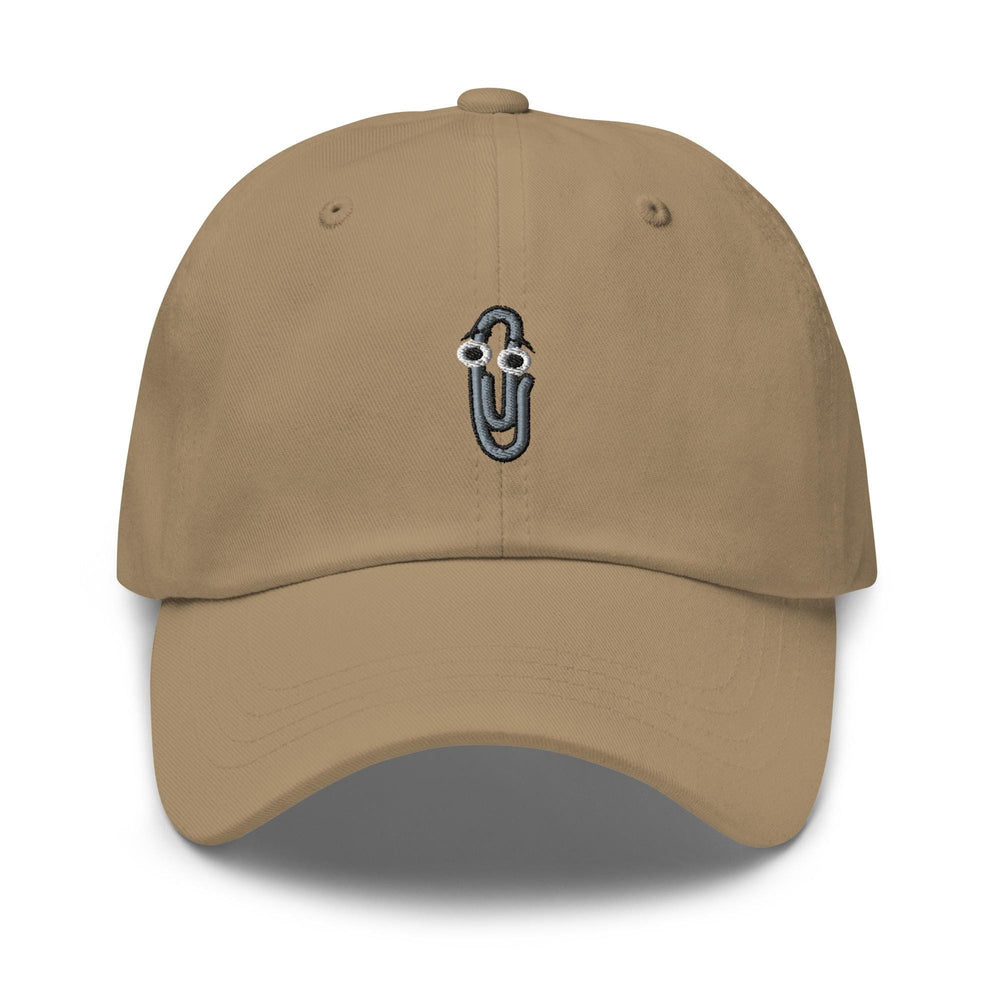 a tan hat with a blue and white face on it