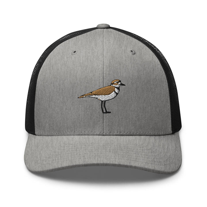 a gray and black hat with a bird embroidered on it