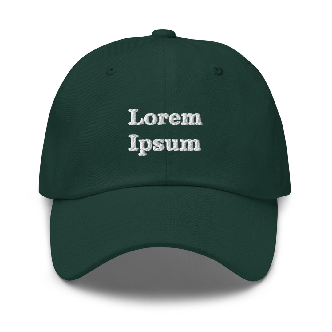 a green baseball cap with the words lorem insum printed on it