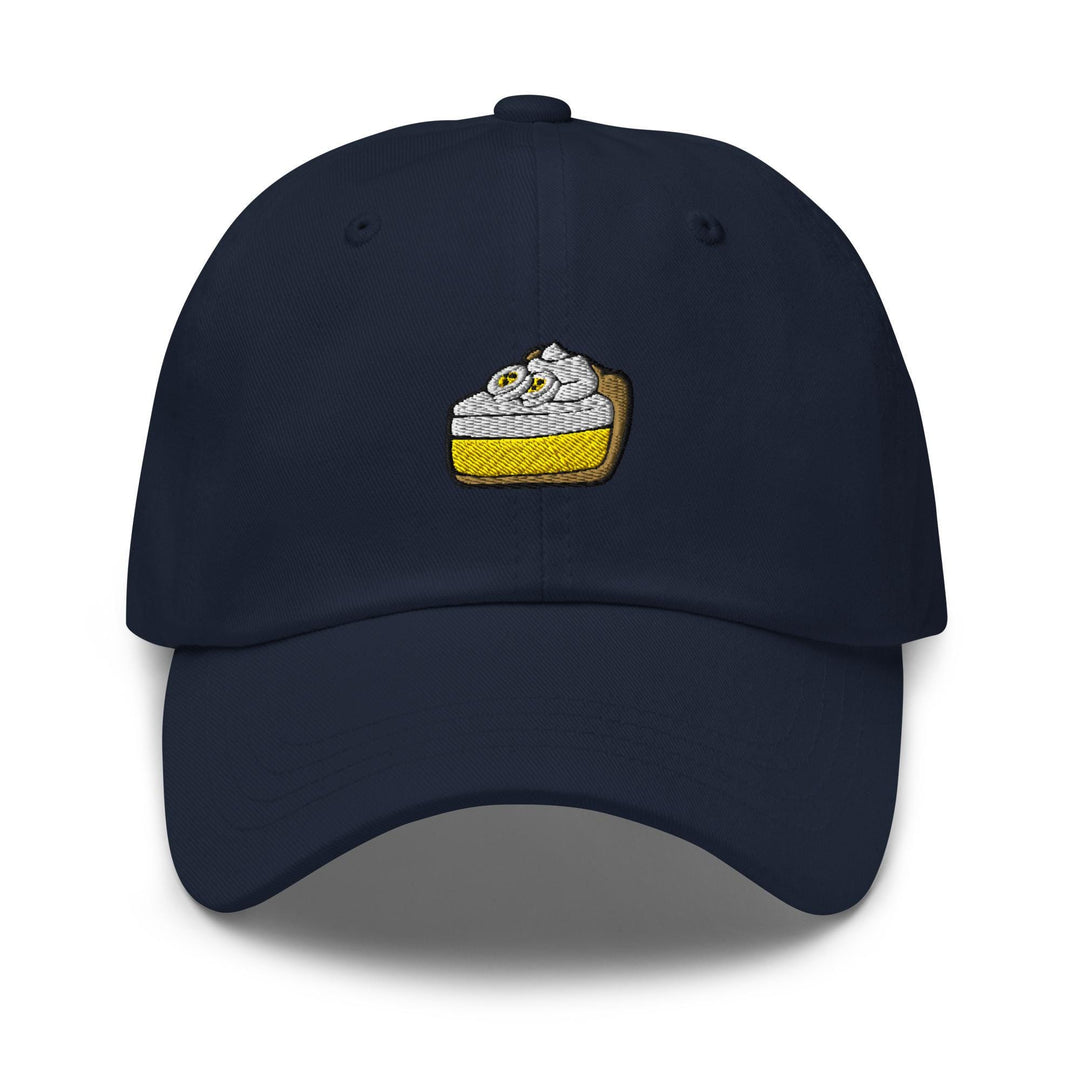 a blue hat with a cake embroidered on it