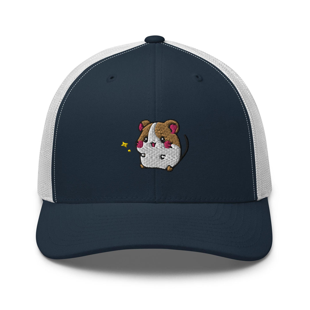 a blue and white trucker hat with a dog on it