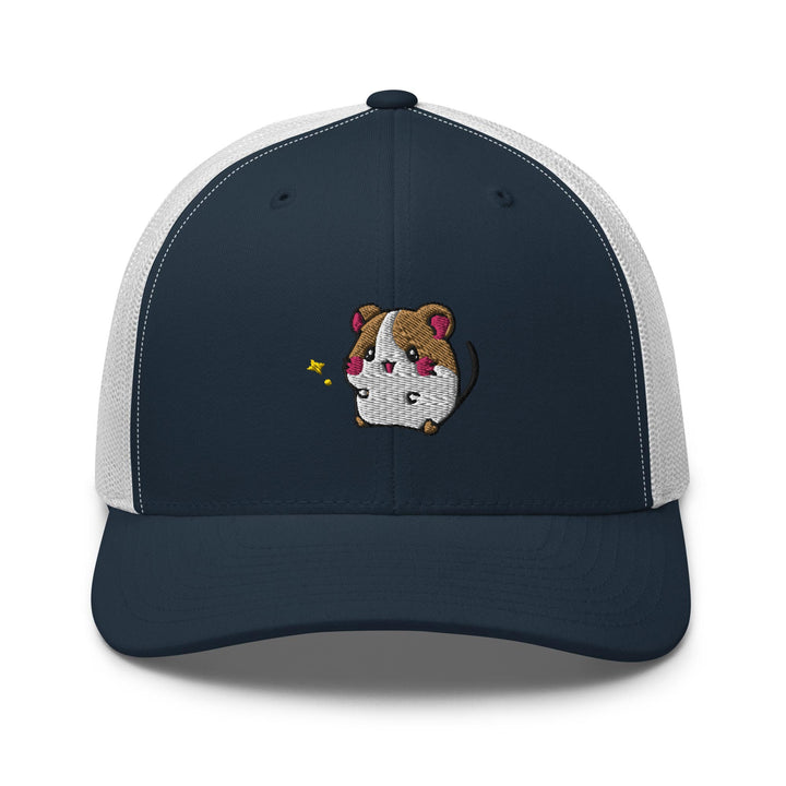 a blue and white trucker hat with a dog on it
