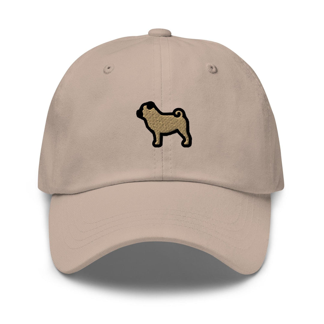 a tan hat with a black dog embroidered on it