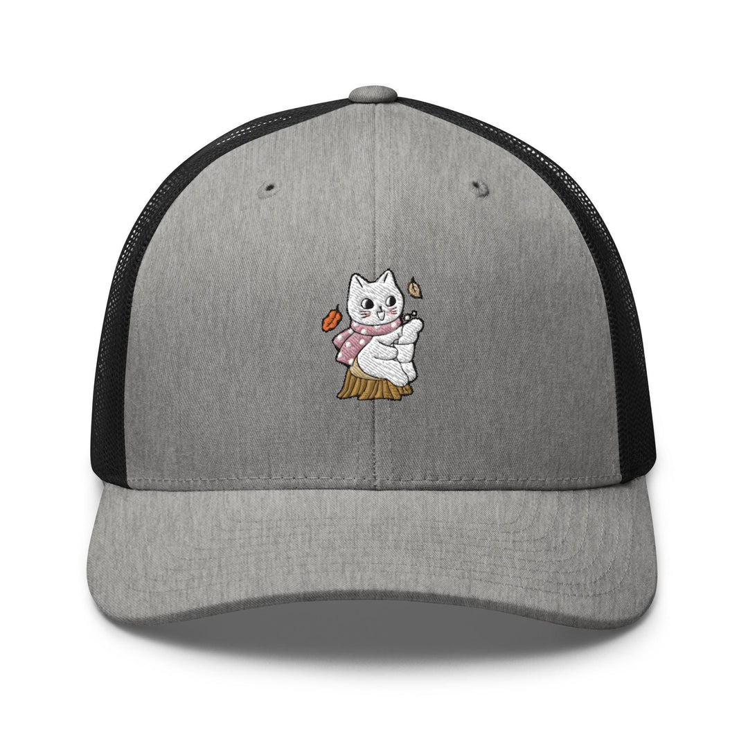 a gray and black trucker hat with an image of a cat on it