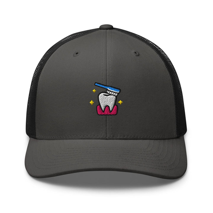 a gray and black hat with a toothbrush on it