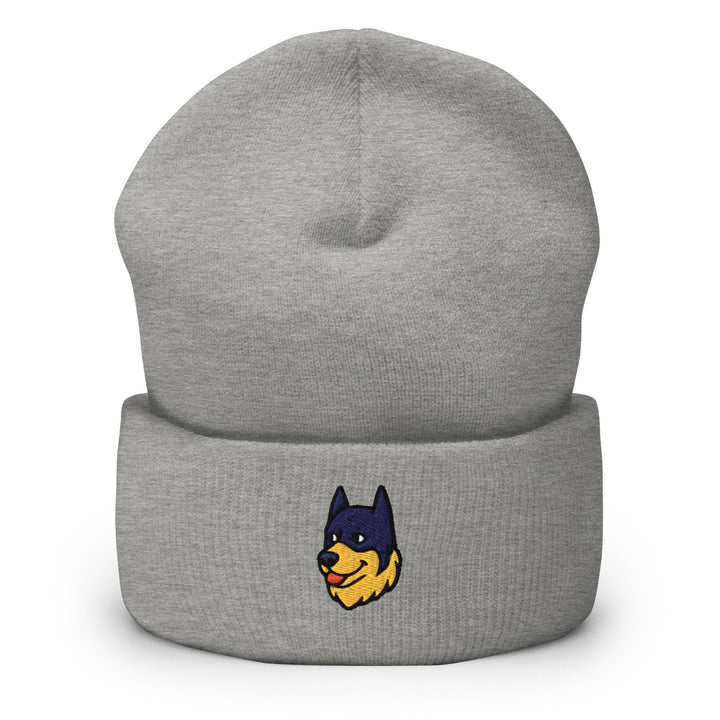 a grey beanie with a dog&#39;s head on it