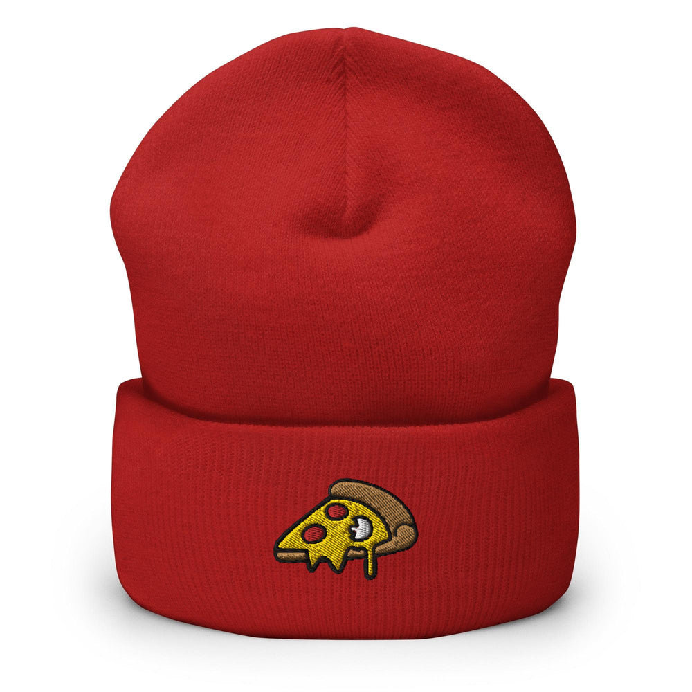 a red beanie with a slice of pizza on it