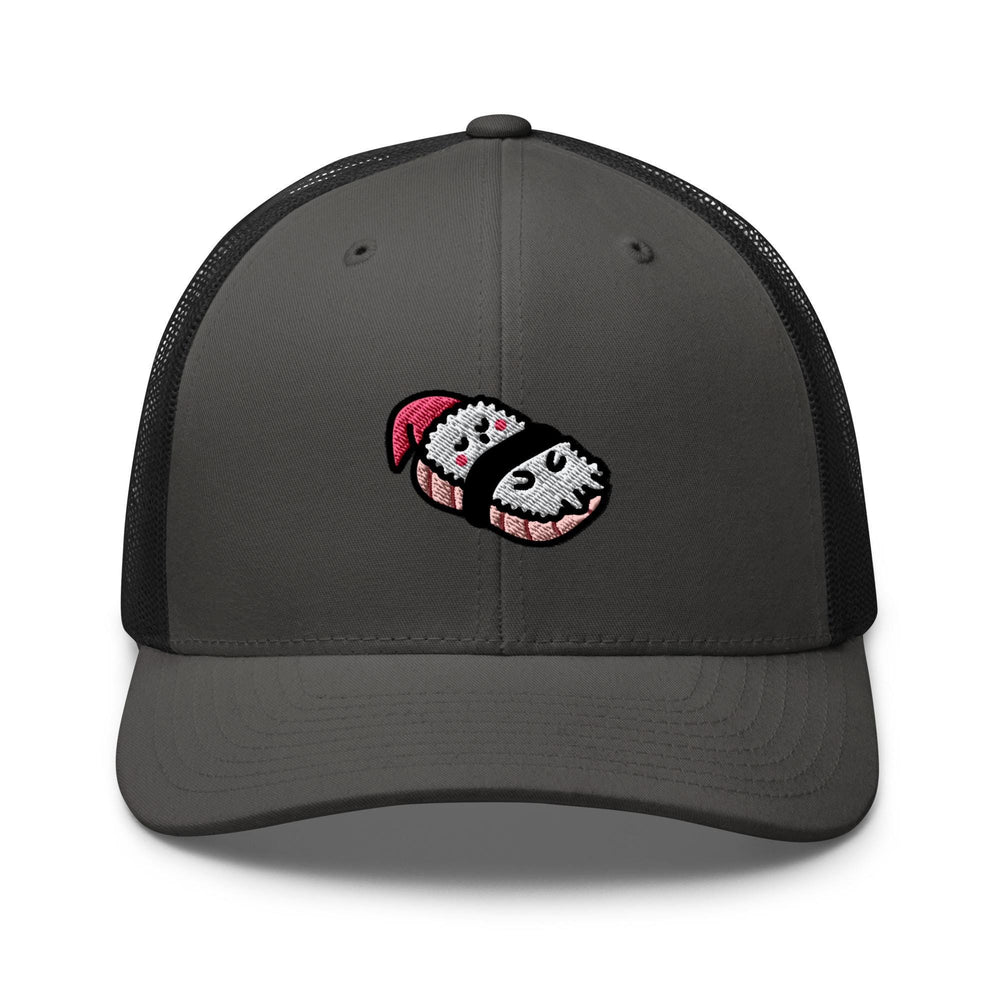 a gray trucker hat with a cartoon dog wearing a santa hat