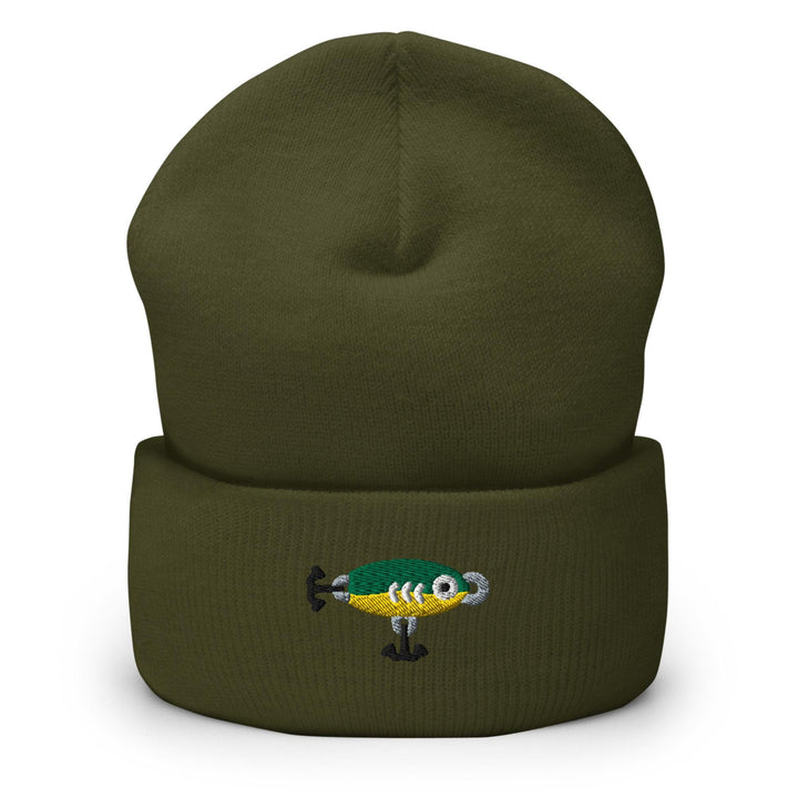 a green beanie with an image of a bird on it